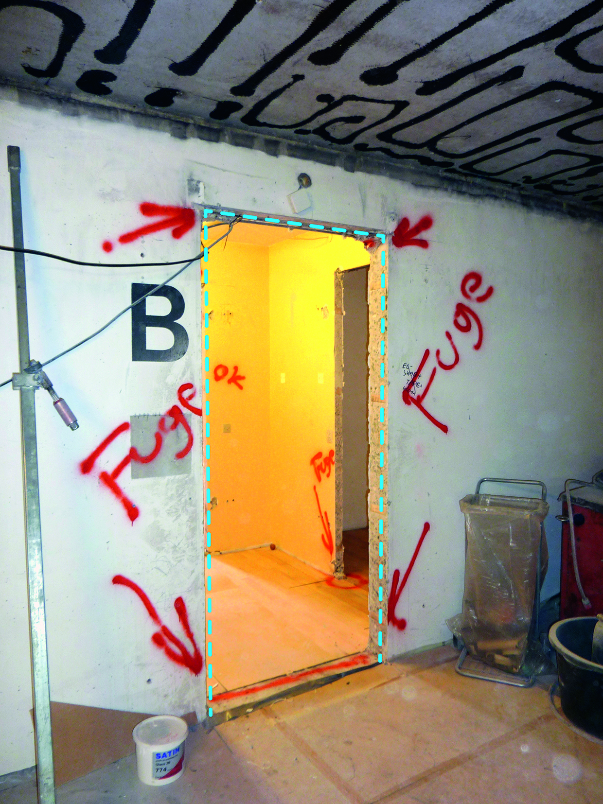  Illustration of concrete cut out around a door with caulk containing PCBs