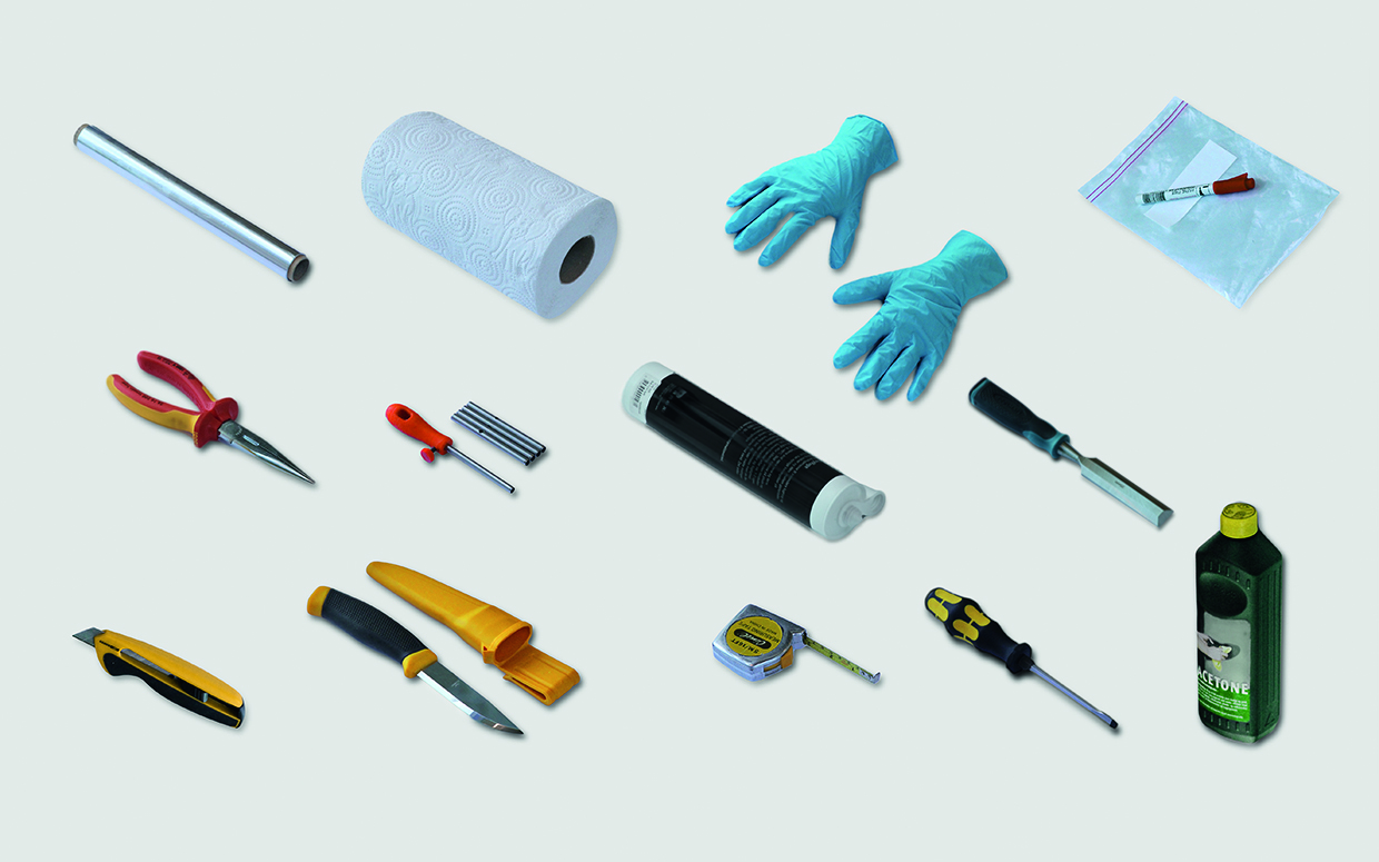 ools and equipment used for caulk sampling.